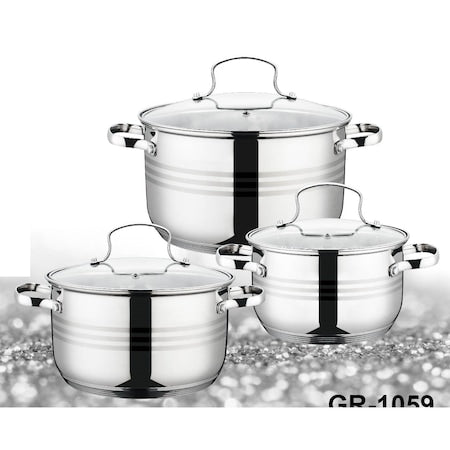 Set 6 piese Grunberg, 3 vase din inox, compatibile cu plita cu inductie, cu capace din sticla, GR1059