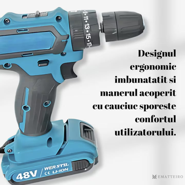 Trusă Bormașină cu Acumulator 36V, 2 Acumulatori Li-Ion, Încărcător și 37 Accesorii, 2 Viteze, 18 Trepte Cuplu, Mandrină Automată 10 mm, Valiză