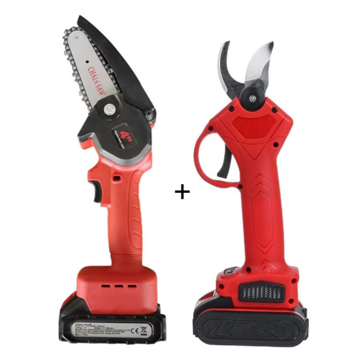 Set Profesional de Grădinărit 2-în-1: Mini-Ferăstrău & Foarfecă Electrică – Eficiență Maximă cu 2 Acumulatori