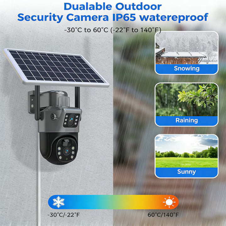 Cameră de Supraveghere Duală cu SIM 4G, Panou Solar, Rotire 360°, Vedere Nocturnă, Detectare Mișcare, Audio Bidirecțional, Exterior
