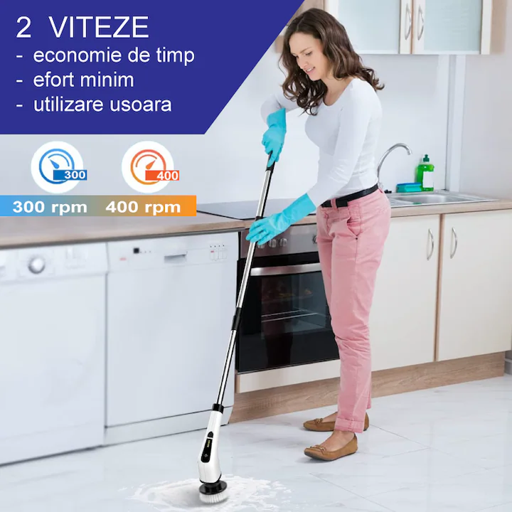 Perie Electrică Rotativă de Curățare, 9 Capete Interșanjabile, 2 Viteze, Wireless, IPX7, Mâner Extensibil, Pentru Baie, Bucătărie și Podele