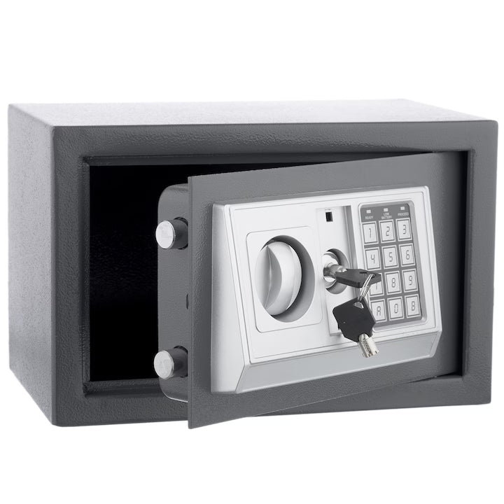 Seif Metalic cu Cifru Electronic și Cheie, 350 x 250 x 250 mm, Cutie de Valori pentru Acte, Bani și Bijuterii, Negru