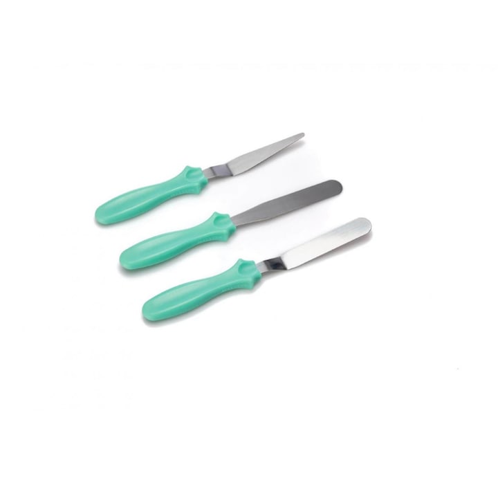 Set 3 spatule pentru decorare, 23 cm, lama din inox si maner plastic, verde.