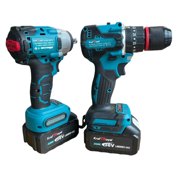 Kit 2-în-1: Mașină de Înșurubat cu Impact + Bormașină de Găurit, 2 Acumulatori 48V 8Ah și Valiză Transport