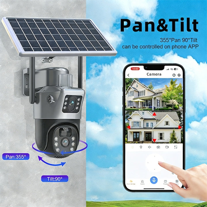 Cameră de Supraveghere Duală cu SIM 4G, Panou Solar, Rotire 360°, Vedere Nocturnă, Detectare Mișcare, Audio Bidirecțional, Exterior