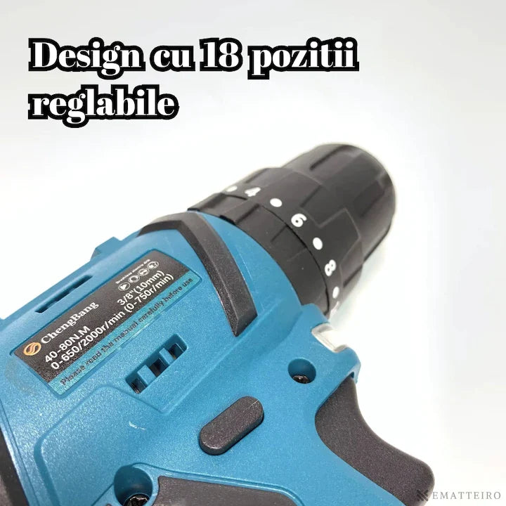 Trusă Bormașină cu Acumulator 36V, 2 Acumulatori Li-Ion, Încărcător și 37 Accesorii, 2 Viteze, 18 Trepte Cuplu, Mandrină Automată 10 mm, Valiză