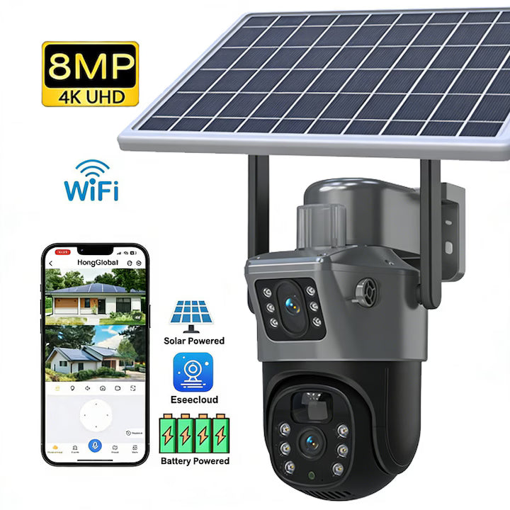 Cameră de Supraveghere Duală cu SIM 4G, Panou Solar, Rotire 360°, Vedere Nocturnă, Detectare Mișcare, Audio Bidirecțional, Exterior