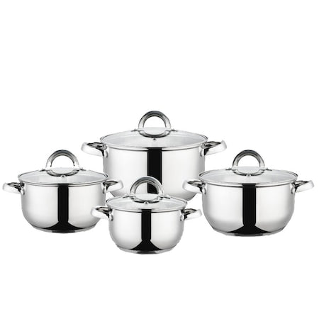 Set 8 piese, 4 vase din inox, compatibile cu plita cu inductie, cu capace din sticla, Grunberg GR1063