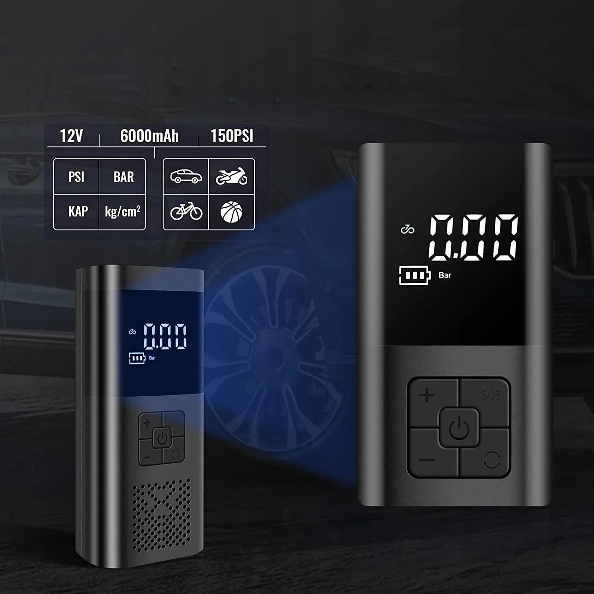 Mini Compresor Auto 3-în-1 cu Baterie 6000mAh – Pompa Digitală 150 PSI, Powerbank și Lanternă LED pentru Anvelope
