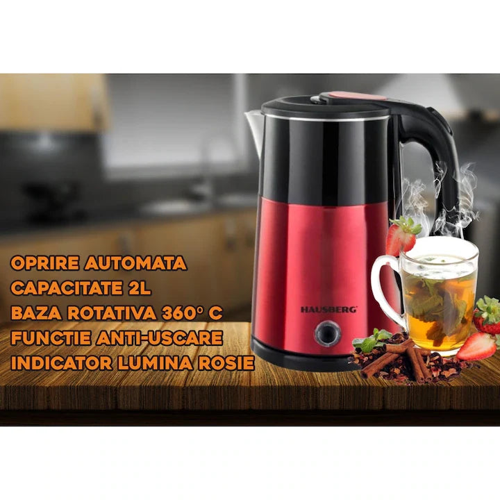 Cană Electrică 2L cu Oprire Automată – Hausberg HB-3618RS, 1500W, Bază Rotativă 360°