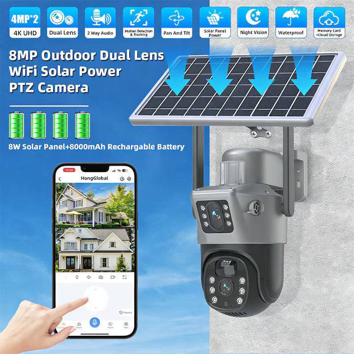 Cameră de Supraveghere Duală cu SIM 4G, Panou Solar, Rotire 360°, Vedere Nocturnă, Detectare Mișcare, Audio Bidirecțional, Exterior
