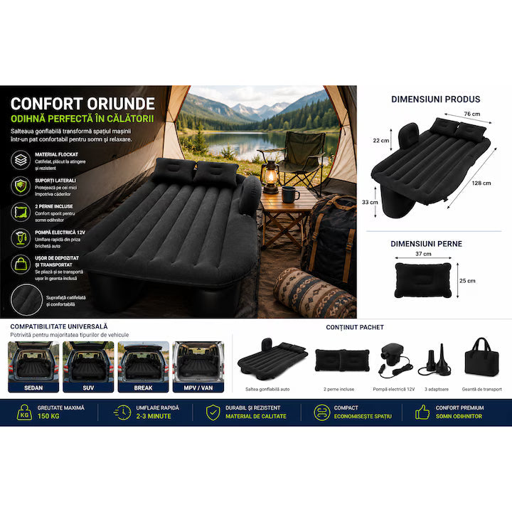 Saltea Gonflabilă pentru Mașină Couch Air – Pat Auto Confortabil cu Pompă Inclusă, 135×86×40 cm