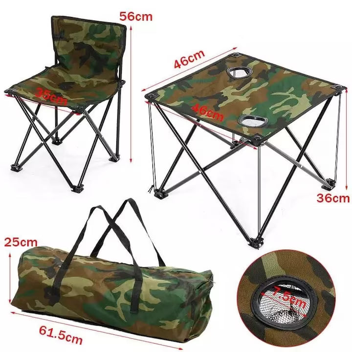 Set Masă și 2 Scaune Pliabile pentru Camping, Pescuit și Picnic, Geantă de Transport Inclusă