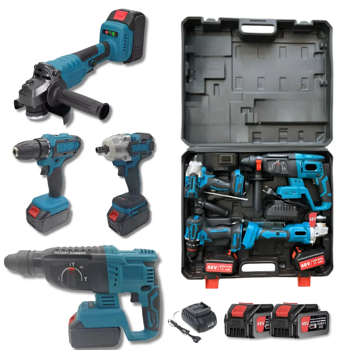 Trusă Scule Profesionale 4 în 1 cu Acumulator – Autofiletantă, Polizor, Rotopercutor, Cheie Impact