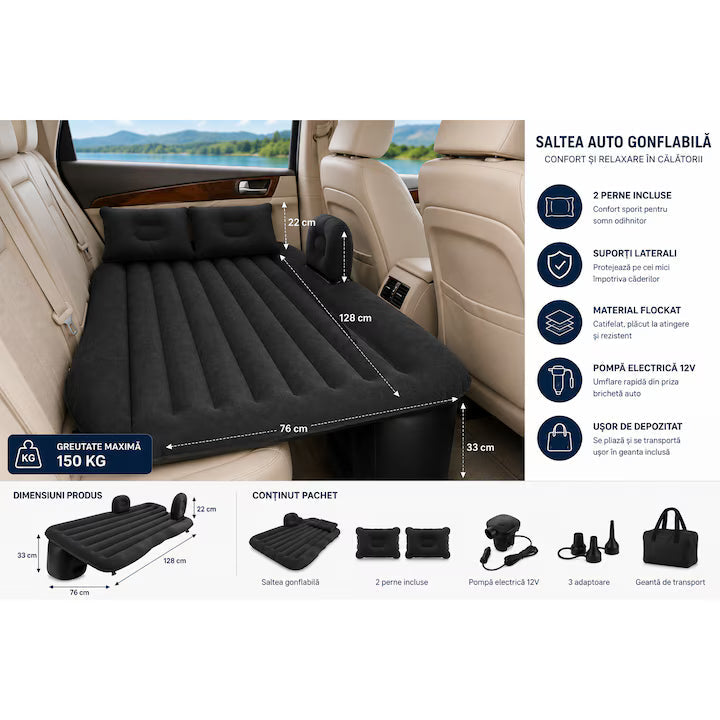 Saltea Gonflabilă pentru Mașină Couch Air – Pat Auto Confortabil cu Pompă Inclusă, 135×86×40 cm