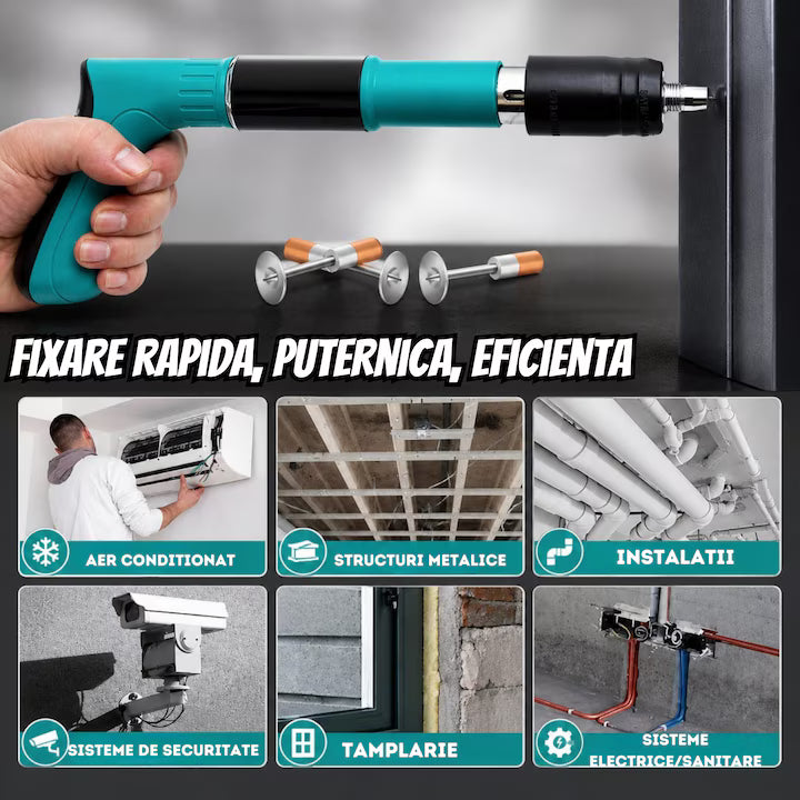 Pistol Manual pentru Bătut Cuie în Beton, Lemn și Metal, 3 Trepte de Reglare a Puterii, Funcționare fără Electricitate, 100 Cuie Incluse, Ulei de Întreținere și Cutie de Transport