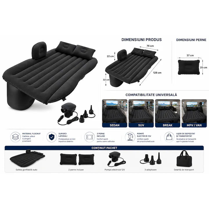Saltea Gonflabilă pentru Mașină Couch Air – Pat Auto Confortabil cu Pompă Inclusă, 135×86×40 cm