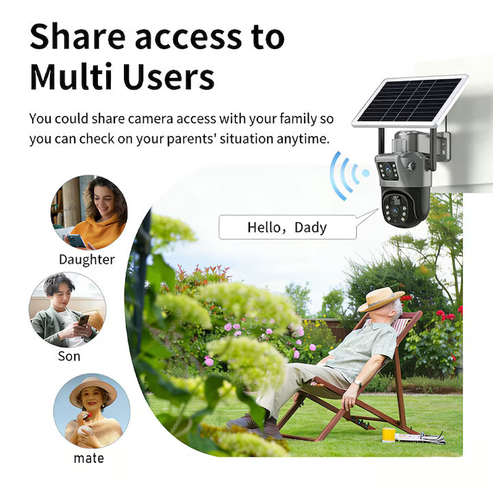 Cameră de Supraveghere Duală cu SIM 4G, Panou Solar, Rotire 360°, Vedere Nocturnă, Detectare Mișcare, Audio Bidirecțional, Exterior