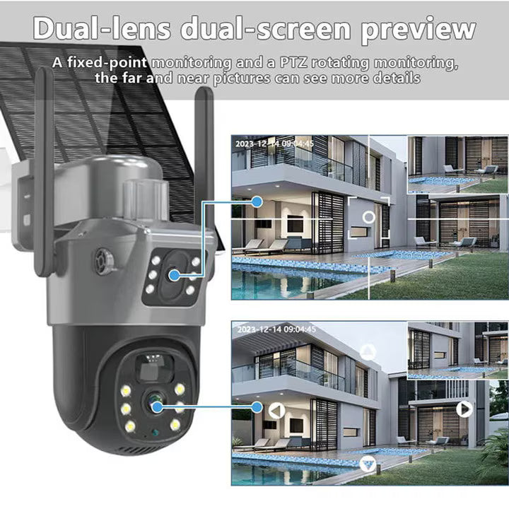 Cameră de Supraveghere Duală cu SIM 4G, Panou Solar, Rotire 360°, Vedere Nocturnă, Detectare Mișcare, Audio Bidirecțional, Exterior