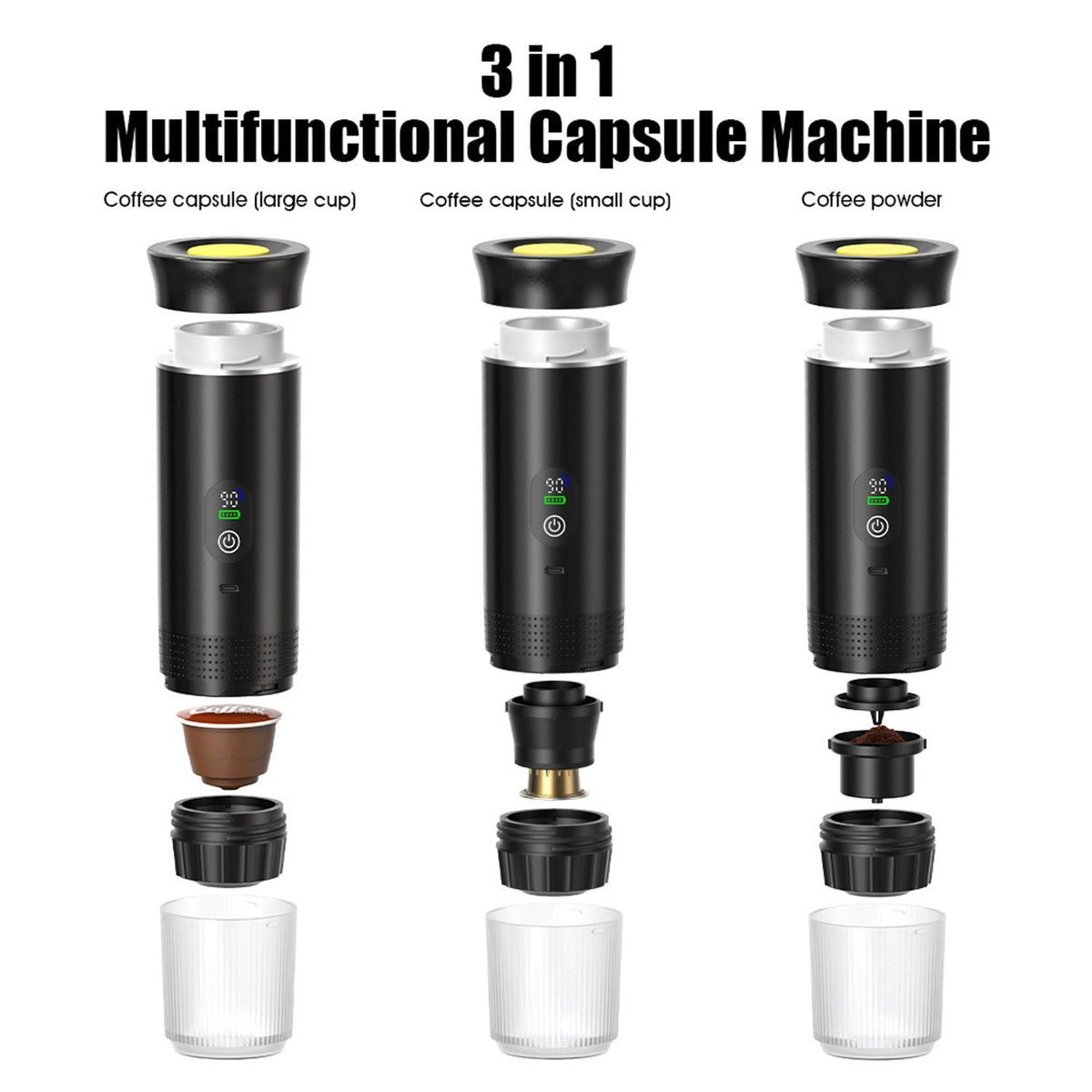 Aparat de Cafea Portabil pentru Mașină și Camping, 3-în-1, Presiune 20 Bar, Încălzire Rapidă, Afișaj Digital, Compatibil Nespresso/Dolce Gusto, Portabil USB-C