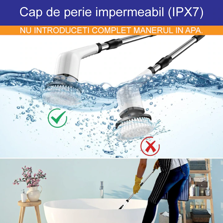 Perie Electrică Rotativă de Curățare, 9 Capete Interșanjabile, 2 Viteze, Wireless, IPX7, Mâner Extensibil, Pentru Baie, Bucătărie și Podele