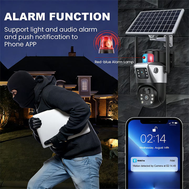 Cameră de Supraveghere Duală cu SIM 4G, Panou Solar, Rotire 360°, Vedere Nocturnă, Detectare Mișcare, Audio Bidirecțional, Exterior