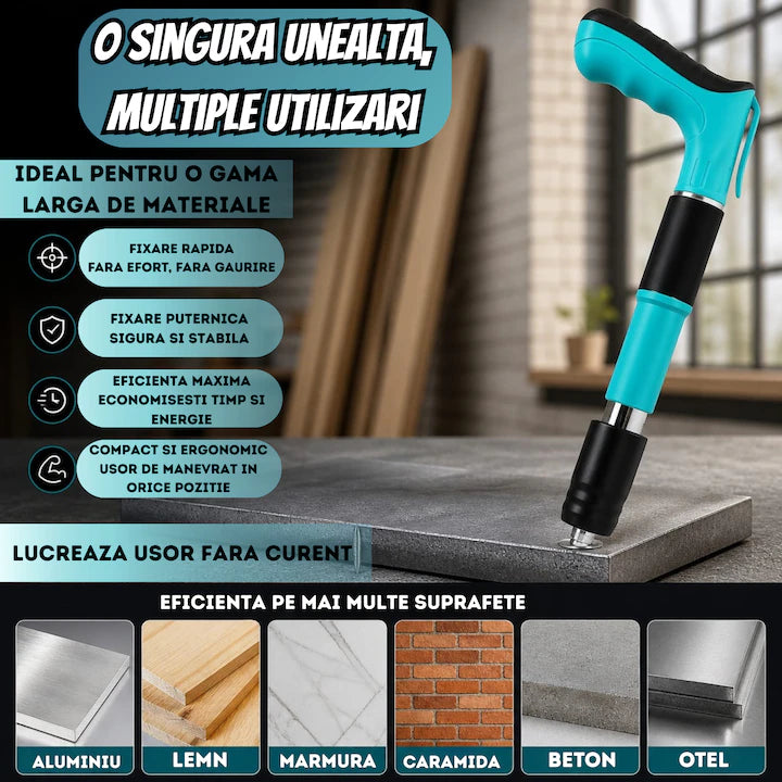 Pistol Manual pentru Bătut Cuie în Beton, Lemn și Metal, 3 Trepte de Reglare a Puterii, Funcționare fără Electricitate, 100 Cuie Incluse, Ulei de Întreținere și Cutie de Transport