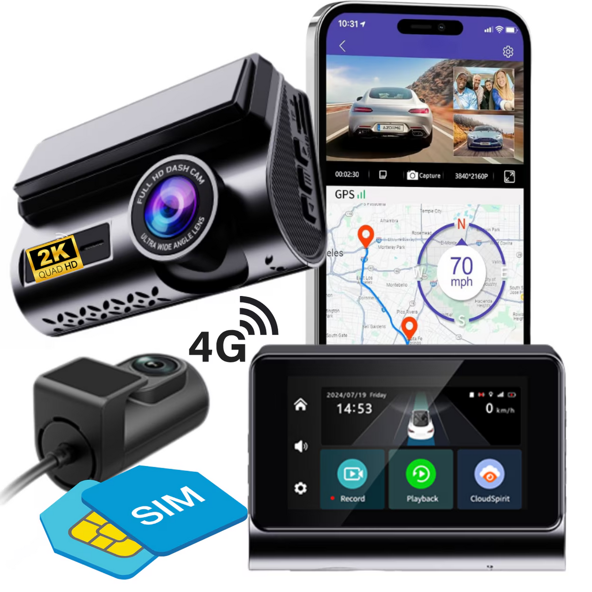 Camera Auto DVR 4G 2K cu Monitorizare Parcare si Camere Fata-Spate