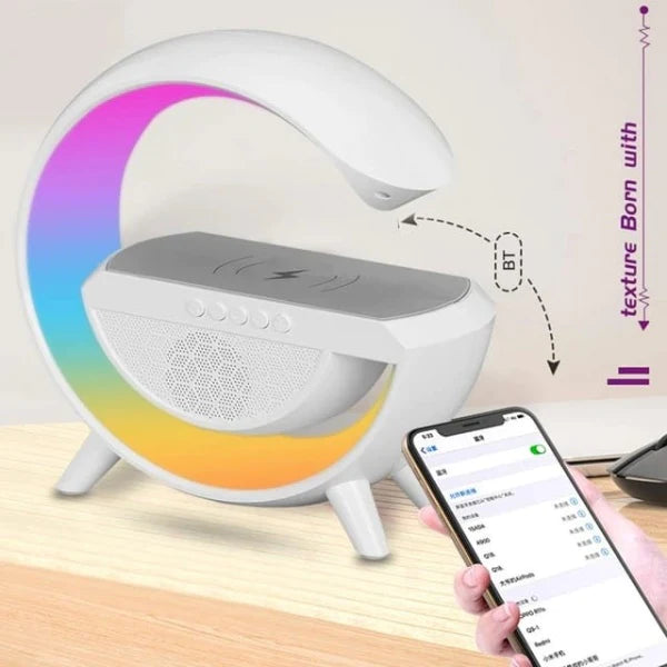 Lampa RGB in forma G, cu boxa si incarcator wierless pentru telefon