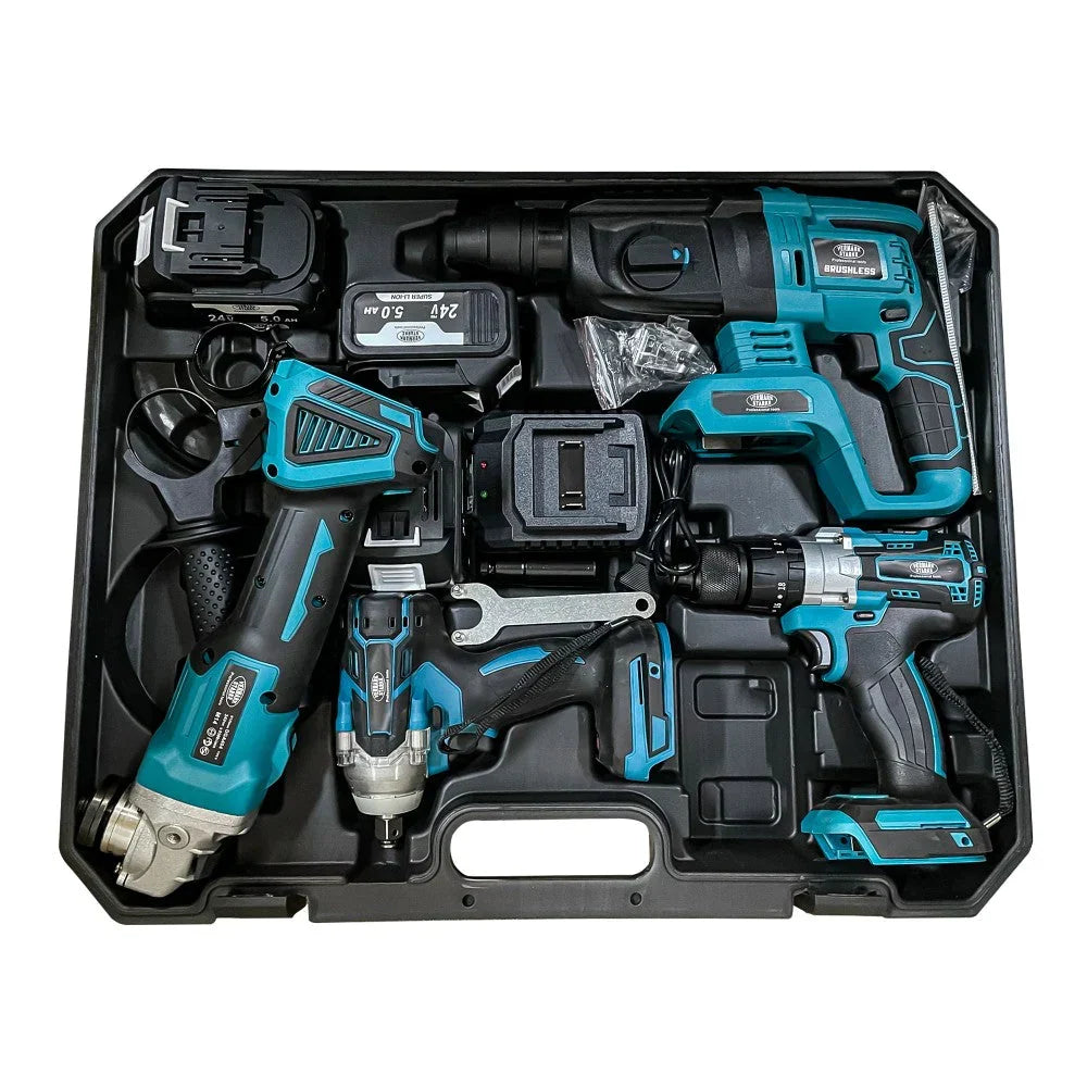 Trusă Scule Profesionale 4 în 1 cu Acumulator – Autofiletantă, Polizor, Rotopercutor, Cheie Impact