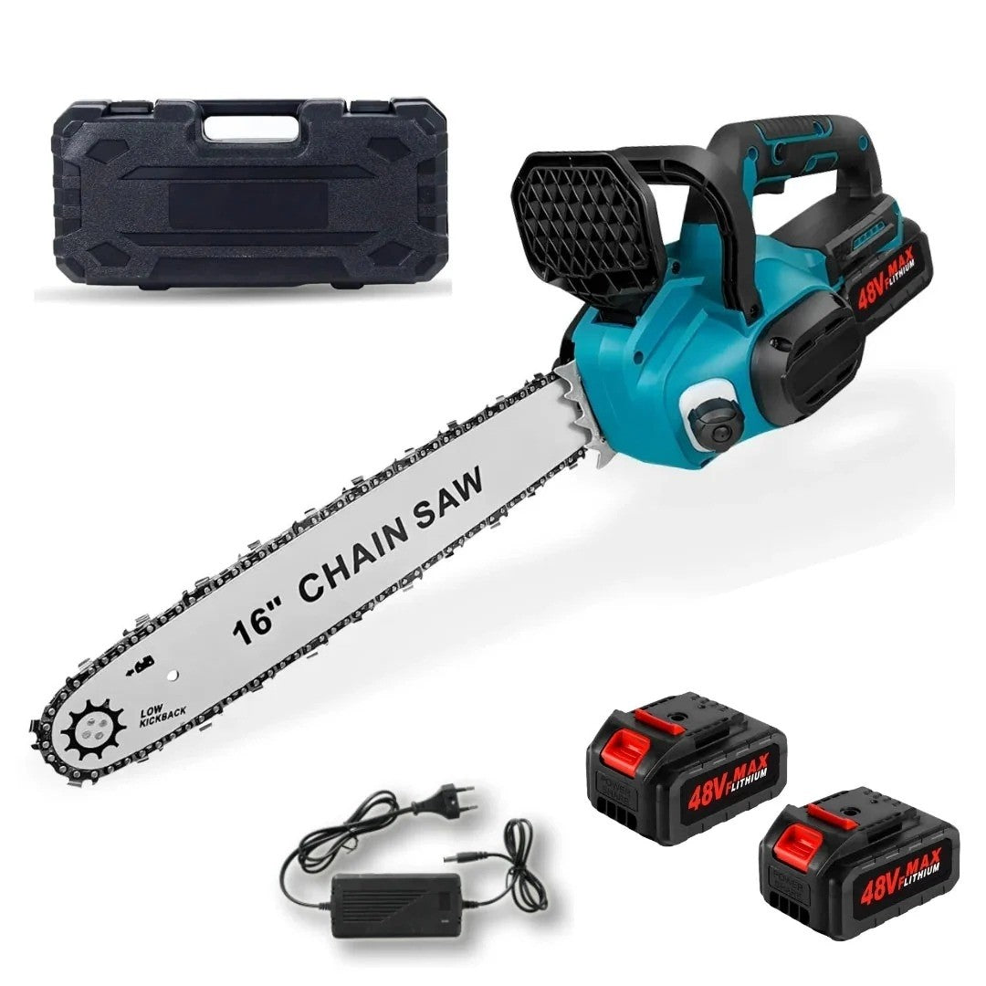 Drujbă Electrică fără Fir cu Acumulator 48V, Motor Brushless 2300W, Lamă 40 cm, 2 Acumulatori 6Ah, Ungere Automată a Lanțului, Încărcător și Valiză