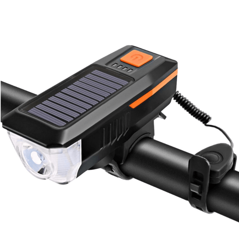 Lampa far inteligent solar cu claxon detasabil pentru bicicleta / trotineta, multifunctional, functie incarcare telefon, negru