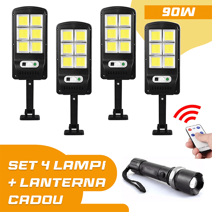 SET 4 X Lampa solara 90W COB cu telecomanda + Lanterna CADOU