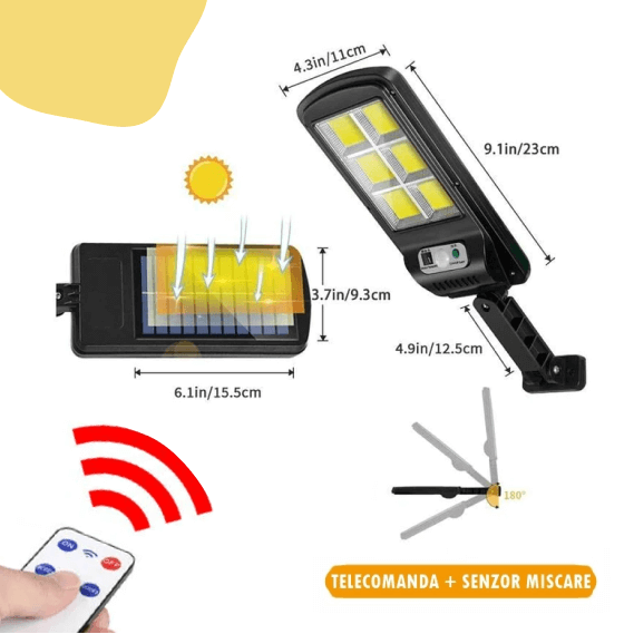 SET 4 X Lampa solara 90W COB cu telecomanda + Lanterna CADOU