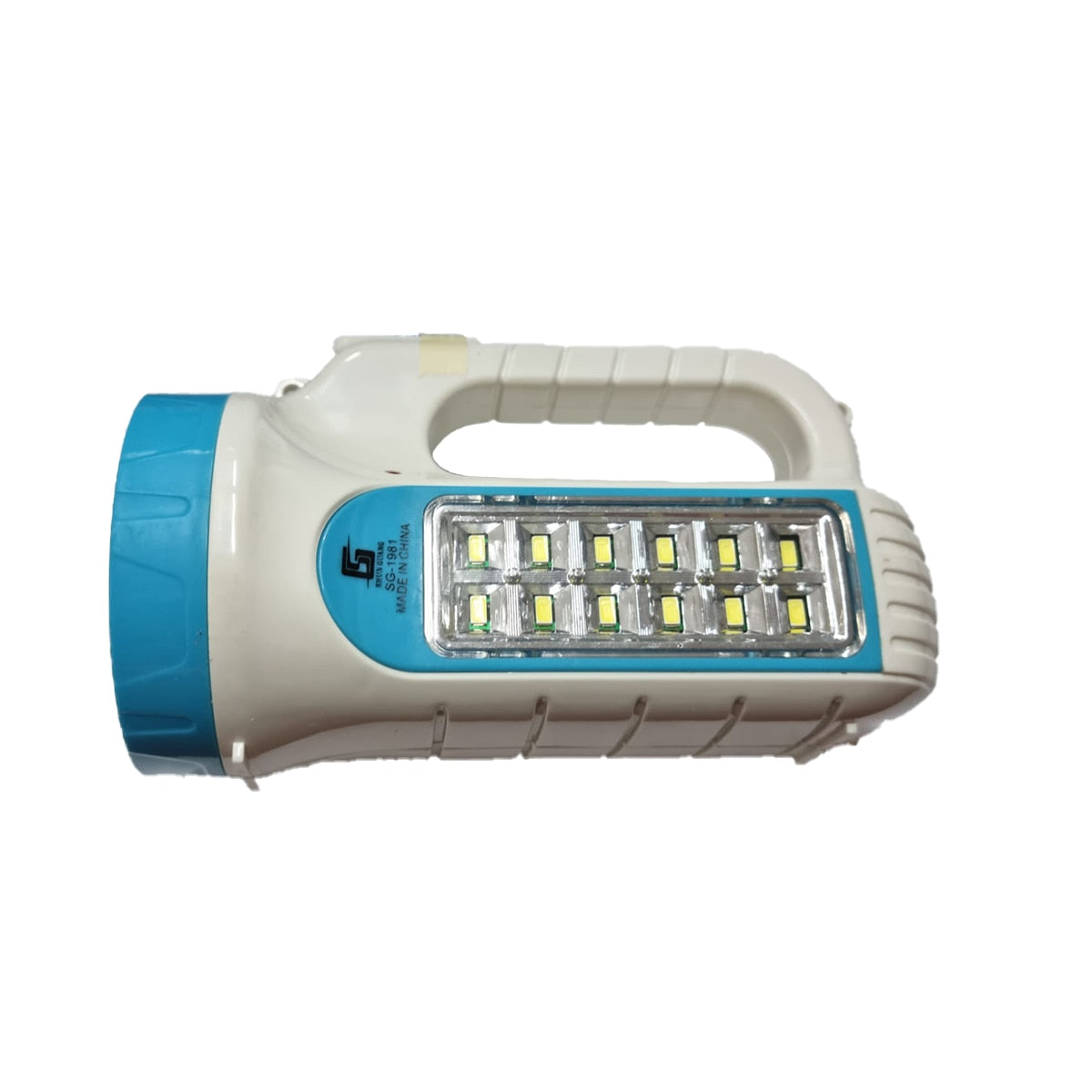 Lanterna de mana SG-1981, 2 surse de lumina, LED 2 W , 12 SMD, baterie reincarcabila, alb/albastra, 16x9 cm